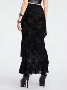 ROMWE Goth Mesh Flocked Rose Floral Pattern See-Through Sexy Women Skirt With Ruffle Hem Design, Mid-Length, And Bodycon Fit - Black - View 6