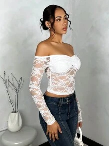 SHEIN BAE Blusa de verano blanca sólida, de manga larga, con hombros descubiertos y con detalles de encaje, romántica y vaporosa, para mujer - Blanco - Ver 4