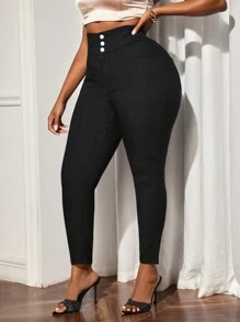 Celure Pantalones vaqueros ajustados de talle alto y tallas grandes, elásticos y de ajuste delgado con sentido de diseñador - Negro - Ver 1