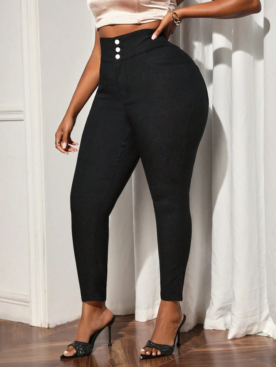 Celure Pantalones vaqueros ajustados de talle alto y tallas grandes, elásticos y de ajuste delgado con sentido de diseñador - Negro - Ver 1
