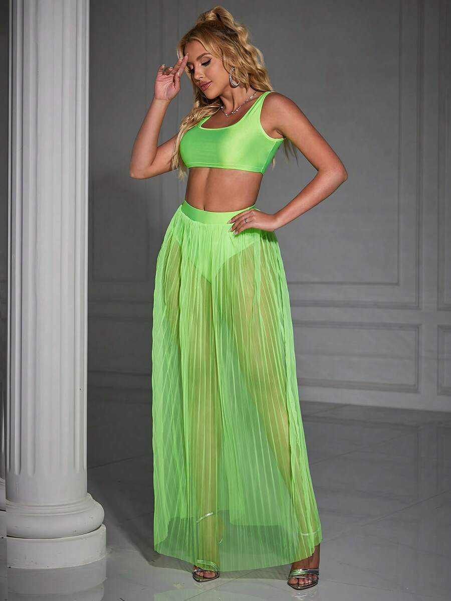 SHEIN VaVaLuxe 女性夏季性感短上衣和拼接網紗裙兩件套