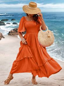 Breezaya Plus Size Women Seaside Vacation Square Neck Ruffle Short-Sleeve Textured Cutout Long Dress