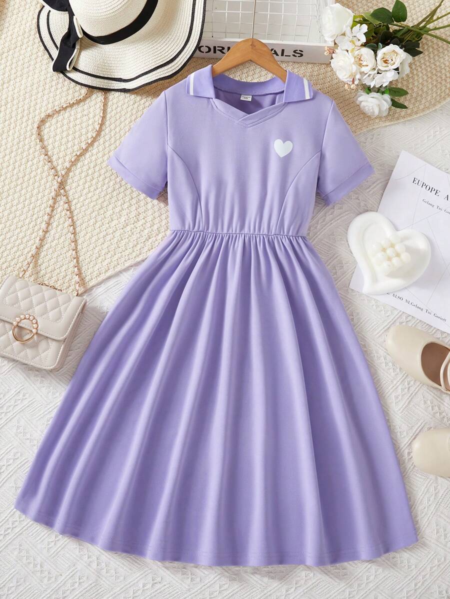 SHEIN 少女心印花V領短袖運動連衣裙，夏日必備 - 紫色 - 查看 1