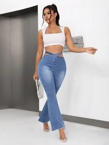 SHEIN SXY Casual High-Waist Cross Tie Slim Fit Flared Jeans - Medium Wash - View 1