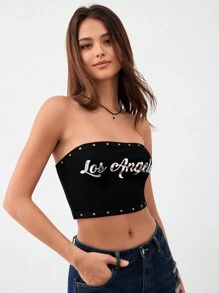 Forever 21 Women Letter Print Beaded Decor Slim Fit Cropped Bustier Top For Summer - Black - View 3