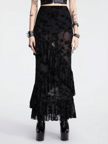 ROMWE Goth Mesh Flocked Rose Floral Pattern See-Through Sexy Women Skirt With Ruffle Hem Design, Mid-Length, And Bodycon Fit - Black - View 2