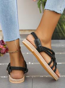 Women Flat Summer Sandals With Woven Rope Sole, Slip-On Buckle Strap, Wrap-Around And Toe-Out Design For Comfort - Black - View 2