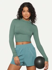 SHEIN BASICS Ribbed Knit Crop Tee - Mint Green - View 1