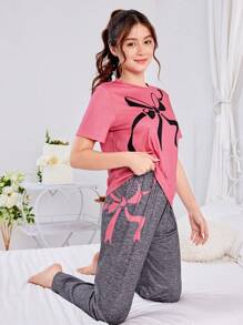 SHEIN 少女簡約蝴蝶結紋短袖和長褲針織舒適親膚家庭兩件套