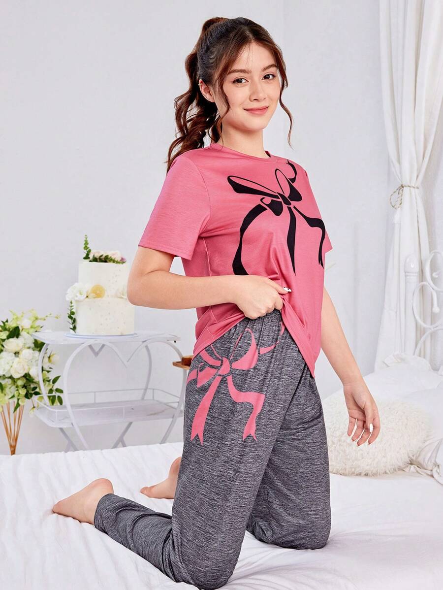 SHEIN 少女簡約蝴蝶結紋短袖和長褲針織舒適親膚家庭兩件套