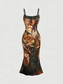 SHEIN MOD 大码棕色复古油画印花吊带背心和美人鱼裙两件套 - 棕色 - 查看 1