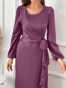 Modelyn Vestido de mujer con vuelos en el borde de manga larga en unicolor de moda - Morado - Ver 4