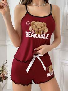 Conjunto de pijama con top tipo camiseta y pantalones cortos con estampado de letra de oso, borde de contraste y volantes