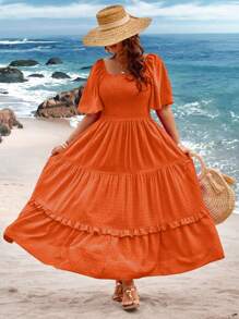 Breezaya Plus Size Women Seaside Vacation Square Neck Ruffle Short-Sleeve Textured Cutout Long Dress