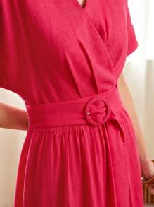 MOTF PREMIUM SOLID SURPLICE NECK BATWING SLEEVE BUCKLE BELTED DRESS