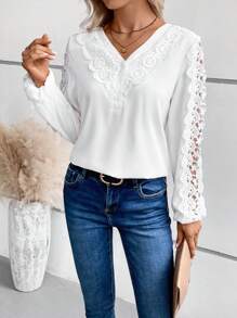 SHEIN LUNE Guipure Lace Insert Lantern Sleeve Blouse - White - View 3
