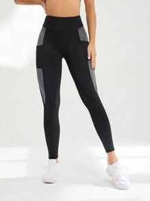 SHEIN Sports 女款撞色弹力运动紧身裤，带手机口袋，瑜伽裤 - 彩色 - 查看 4