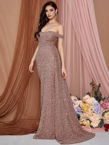 LOVE&LEMONADE Off-shoulder Drape Detail Sparkly Dress - Apricot - View 6