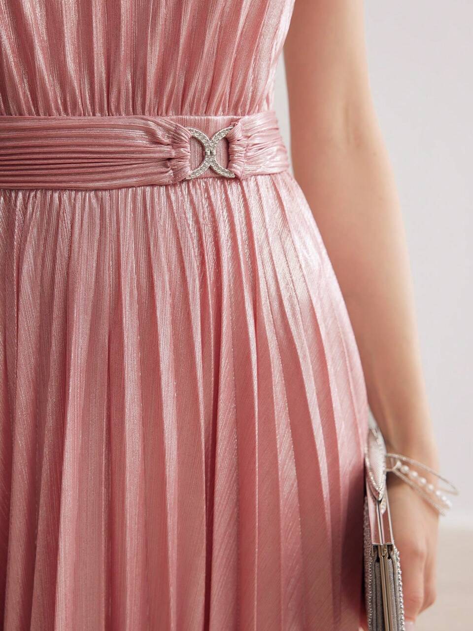 SOLID RHINESTONE RING DETAIL WAIST PLEATED DRESS