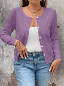 SHEIN LUNE Women Plain Simple Daily Plus-Size Cardigan Fall Winter Cloth For Women Autumn - Mauve Purple - View 6