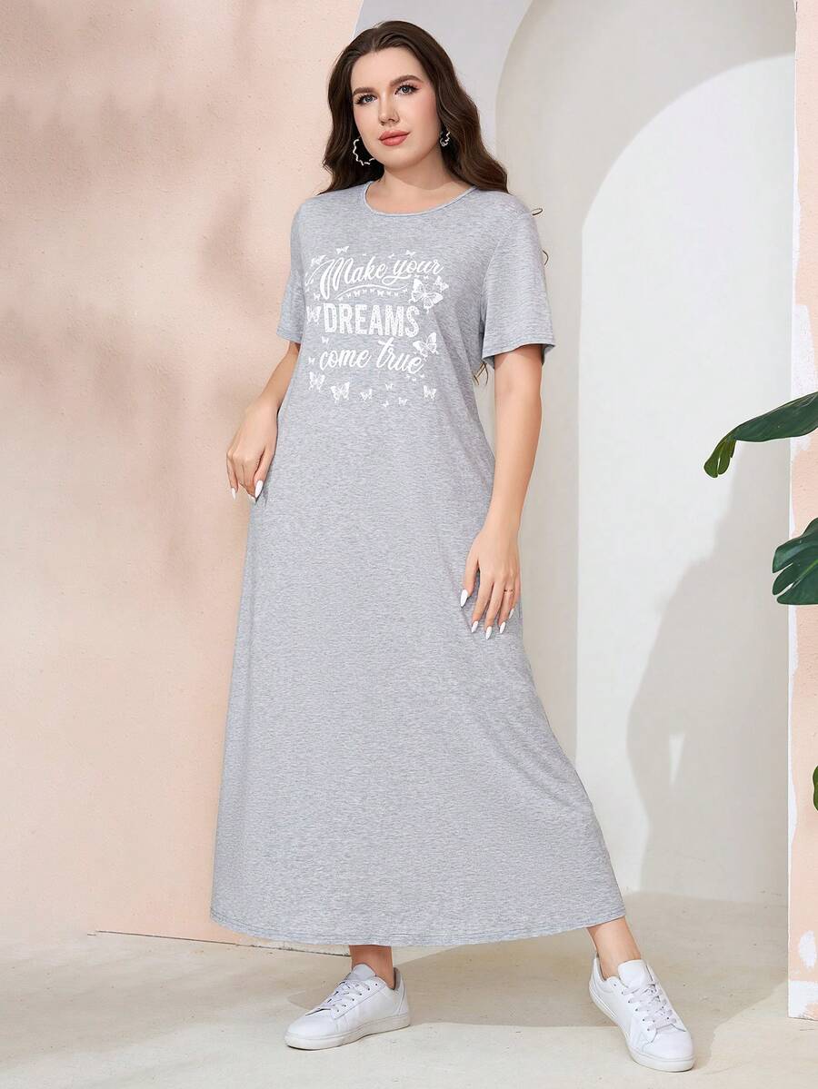 Mulvari 加大尺碼女士夏季蝴蝶和標語印花圓領短袖長T恤裙 - 灰色 - 查看 1
