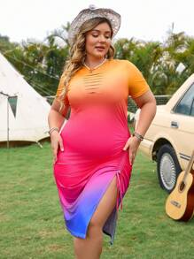 LONESS Plus Size Women's Gradient Color Round Neck Short Sleeve Dress With Drawstring And Side Slit Hem For Summer
