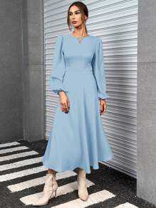 SHEIN Essnce 女性春夏季純色圓領燈籠袖優雅寬鬆洋裝 - 淺藍色 - 查看 5