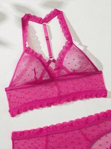 SHEIN Conjunto De Lencería De Malla De Lunares Recortados Con Encaje Sexy Para Mujer