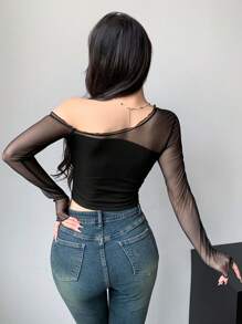 Dazy Designer Women Spring/Summer Casual Solid Color Mesh Splicing Short Top With Asymmetric Neckline And Slim Fit Going Out Tops Sheer Long Sleeve Women Tops