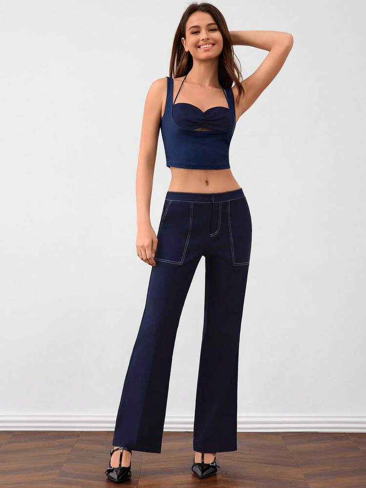 Blue Halter Neck Lace Top With Thin Strap And Color-Block Line Long Pants Two Pieces Set