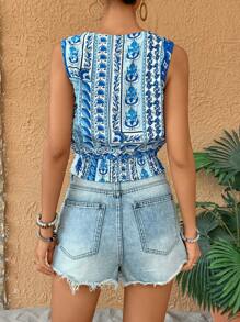 SHEIN VCAY Women Vintage Style V-Neck Floral Print Sleeveless Blouse