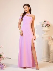 SHEIN Belle 優雅女性斜肩褶皺高開叉伴娘禮服 - 粉色 - 查看 2