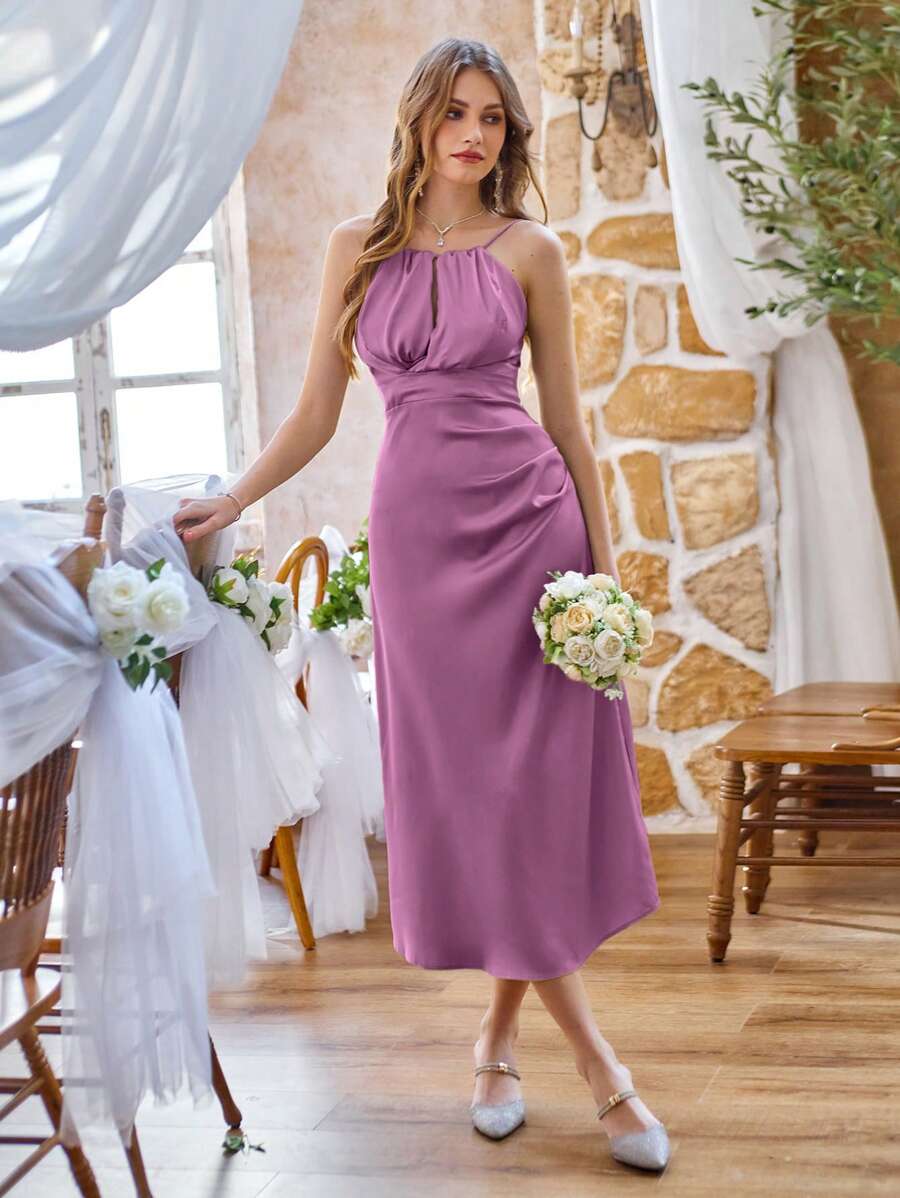 GENKIRA Đầm dây spaghetti mùa hè đơn giản thanh lịch với nếp gấp ở eo - Màu Hồng Tươi - Xem 1