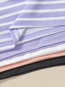 SHEIN 5pcs/Set Young Boy Color Block Striped And Plain Short Sleeve Casual T-Shirts, Suitable For Beach Vacation In Summer - Purple - View 4