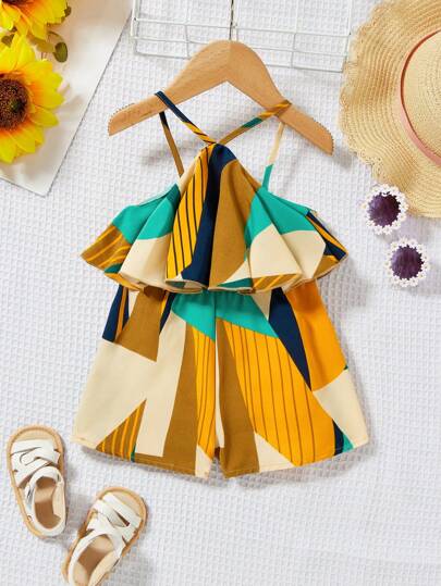 Travachic KIDS Baby Mädchen Sommer Urlaub florale Muster Halterneck Romper mit gerüschter Halsausschnitt und Shorts, leicht