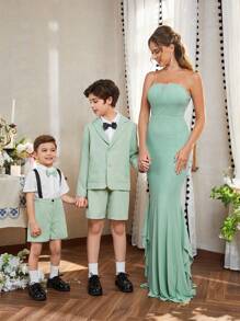 SHEIN Belle Women's Strapless Small V-Neck Silver-Plated Fishtail Dress,Elegant Asymmetrical Ruffle Trim Parent-Child Evening Prom Party Formal Wedding Gown - Green - View 10