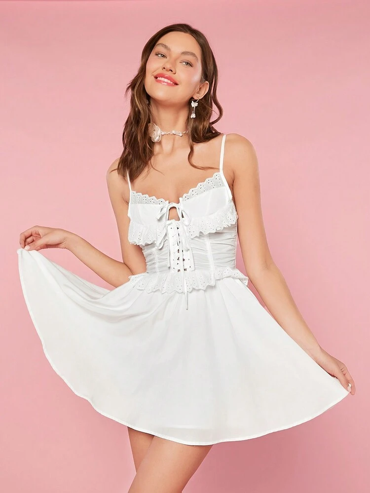 Women Summer Sweet Solid Color Criss Cross Strap Ruffled Frill Hem Cami Dress