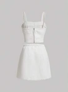 SHEIN MOD Vintage Fashion 2 Pieces Set: Pearl Button Decorated Slim Fit Cami Top And Asymmetric Hem Skirt - Apricot - View 2