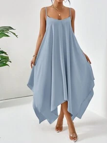 SHEIN Essnce Summer Solid Color Spaghetti Strap Asymmetrical Hem Cami Dress, Pastel Dresses For Women - Baby Blue - View 6