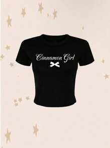 INAWLY Áo thun nữ in họa tiết nơ khẩu hiệu Y2K Cinnamon Girl Áo thun họa tiết nữ - màu đen - Xem 1
