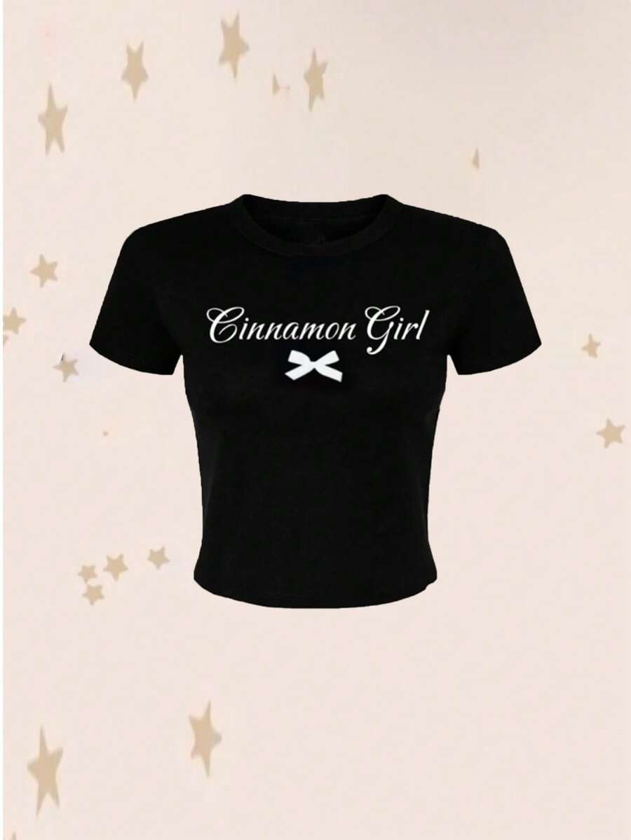 INAWLY Áo thun nữ in họa tiết nơ khẩu hiệu Y2K Cinnamon Girl Áo thun họa tiết nữ - màu đen - Xem 1