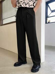 SWAVVY Men Fashionable Loose Wide-Leg Woven Solid Color Long Pants, Fall - Black - View 1
