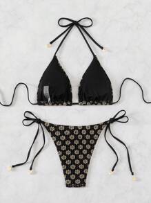SHEIN Swim Summer Holiday Floral Bikini Set - Black - View 6