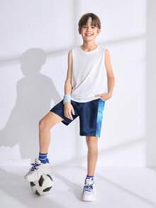 Quần short nối màu tương phản mùa hè Tween Boy có túi bên hông, dây thắt lưng co giãn có dây rút - Màu xanh lam - Xem 3