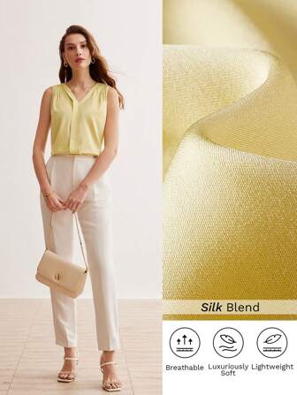 MOTF PREMIUM SILK V-NECK FOLD PLEATED SHOULDER SLEEVELESS BLOUSE