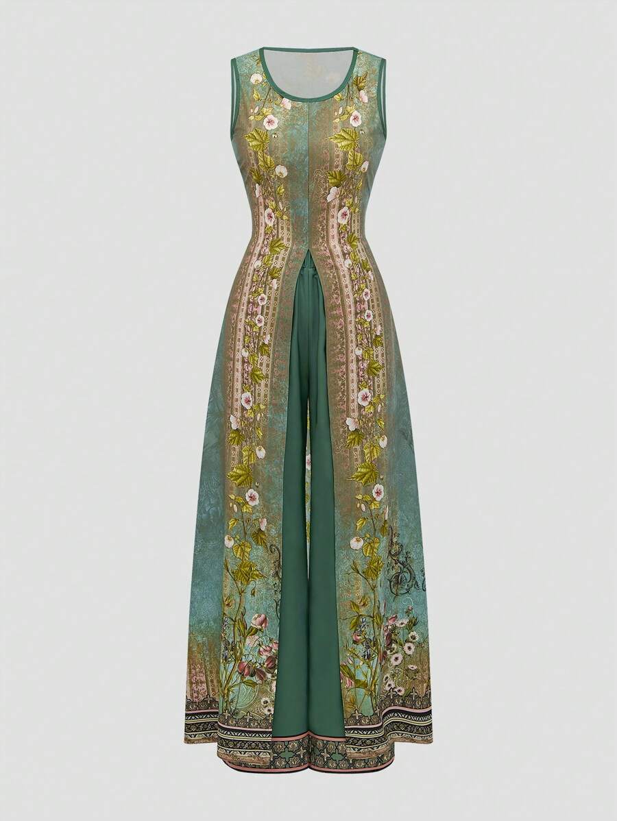 EMERY ROSE 2 件套女士夏季套装，无袖上衣和花朵下摆阔腿裤