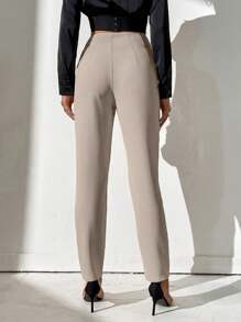 SHEIN Tall 纯色高腰锥形休闲裤 - 卡其色 - 查看 2