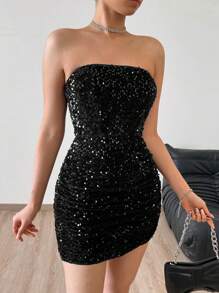 SHEIN PETITE Váy quây màu trơn mùa hè cho nữ có đính sequin, thích hợp cho các bữa tiệc và họp mặt - màu đen - Xem 5