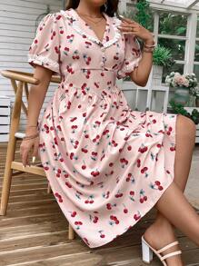 SHEIN Clasi Vestido de encaje con cuello de Peter Pan con estampado de cerezas para tallas grandes - Rosa - Ver 3