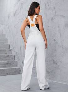 SHEIN ICON 休閒純色拼接口袋牛仔背帶褲 - 白色 - 查看 2